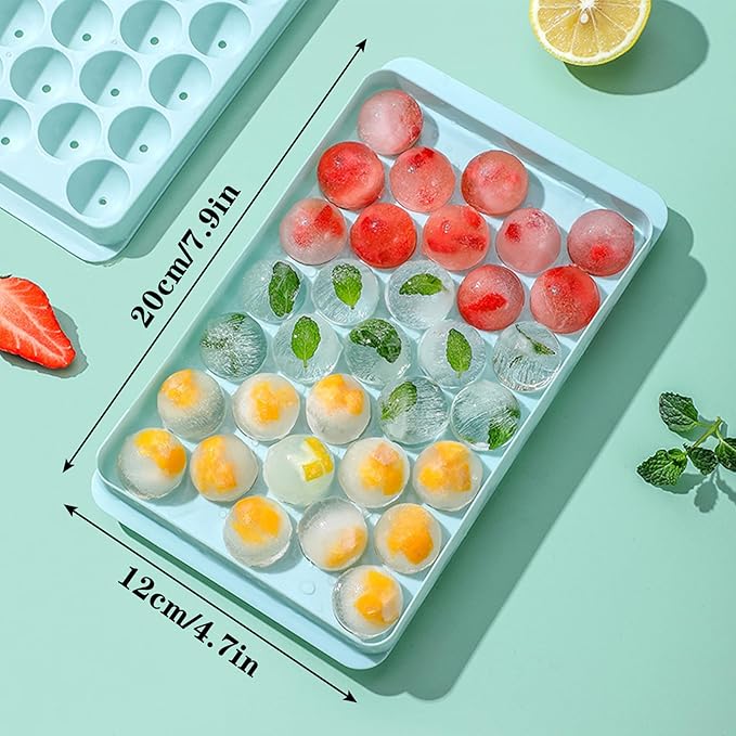 Round Ice Cube Tray with Lid, Mini Ice Ball Maker Mould for Freezer 33 Reusable Sphere Circle Ice Making Mold Easy Release for Water Cocktail Whiskey Coffee (Blue)