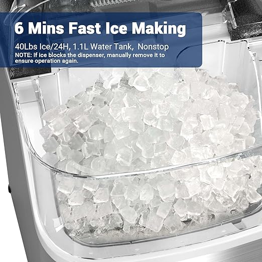 Nugget Ice Maker Countertop, 40lbs/Day Stainless Steel Small Soft Chewable Pebble Ice Machine, Pellet Ice Crunchy Nuggets, Quiet Mini Chewy Ice Maker Self Cleaning for Home Kitchen Office