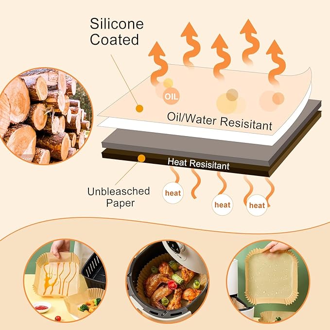 125Pcs Air Fryer Paper Liners, 6.5" Square Air Fryer Liners Disposable, Heavy-Duty Parchment Paper for 3-5 QT Airfryer Basket, Non-Stick & Grease-Proof Baking Liner for Oven Pan