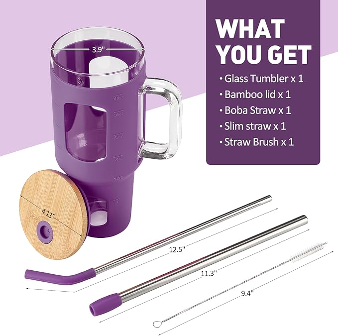 WINSA Glass Tumbler with Straw and Lid, 40 oz glass cup with handle, Glass Water Bottles with Time Marker, Silicone Protective Sleeve-Dark Purple