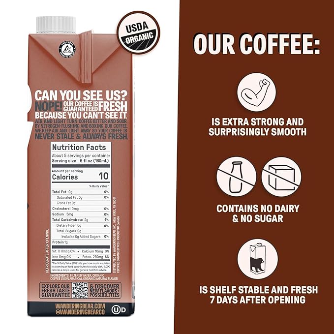 Wandering Bear Organic Cold Brew Coffee Variety Pack - Extra Strong, Bold, Smooth, Unsweetened, Shelf-Stable, Ready to Drink & Vegan, Iced Cold Brewed Coffee Drink - 32 fl oz (3pk - Vanilla, Black, Mocha)