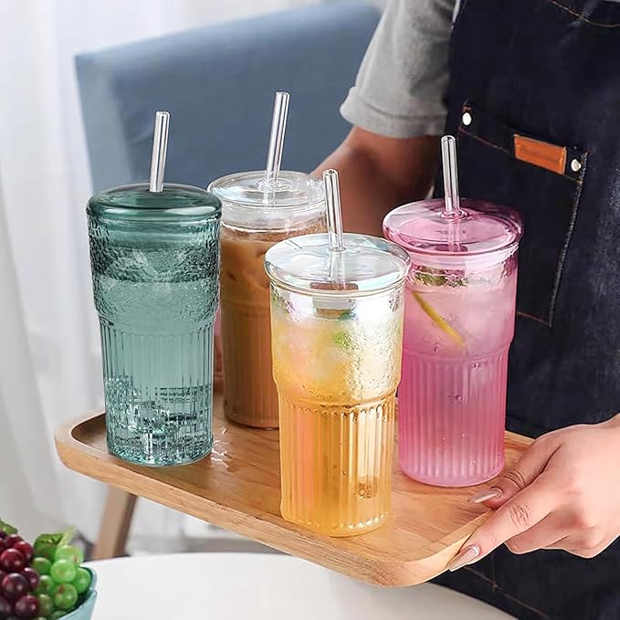 JunVpic Glass Coffee Cups with Lids and Straws, 20 OZ Pink Iced Water Glasses Tumblers for Ice Juice, Tea, Milk, Smoothie and Cold or Hot Drinks, Set of 2