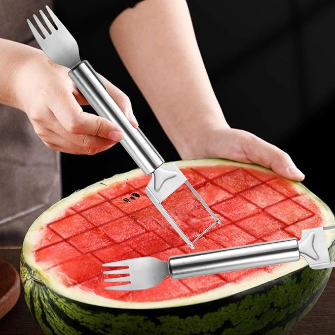 2-in-1 Stainless Steel Fruit Cutter, 2 Pcs Watermelon Fork Slicer Cutter, Dual Head Watermelon Cuber Cutting Tool Knife Summer Fruit Cutting Fork for Home Party Camping Kitchen Gadget