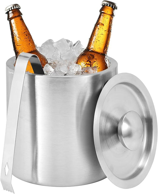1.3L Stainless Steel Ice Bucket with Lid and Tongs, Small Double Wall Ice Pail Chill Container for Cocktails, Beer, Wine, Champagne, Keep Drinks Frozen Longer at Home, Bars, Parties, Outdoor