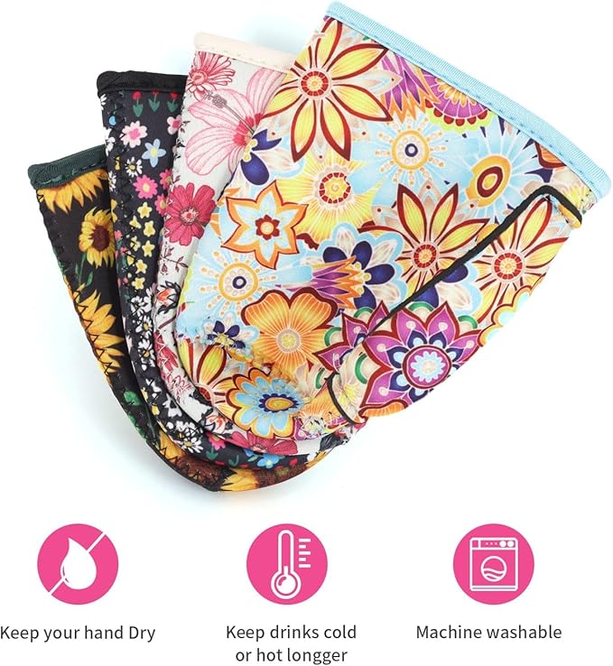 4Pack Reusable Iced Coffee Sleeve Insulator Sleeves for Cold Drinks Beverages, Neoprene Cup Holder for Most Coffee, Fits 22-24oz Medium Cups (Floral Meadow)
