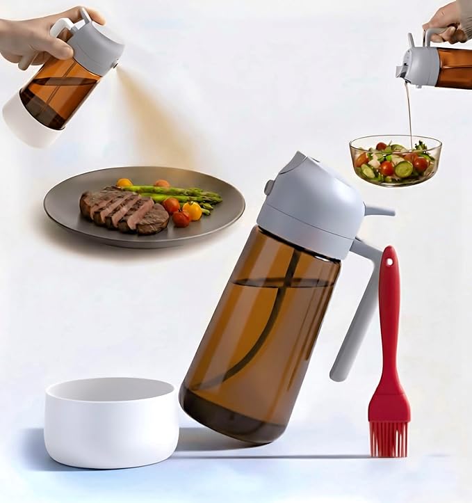 Oil Dipenser Bottle with Silicone Bottom And Silicone Brush, 2 in 1 Olive Oil Sprayer and Dispenser, Oil Spray Bottle 470ML/ 17OZ for Cooking, Kitchen, BBQ, Air Fryer, Salad, Baking