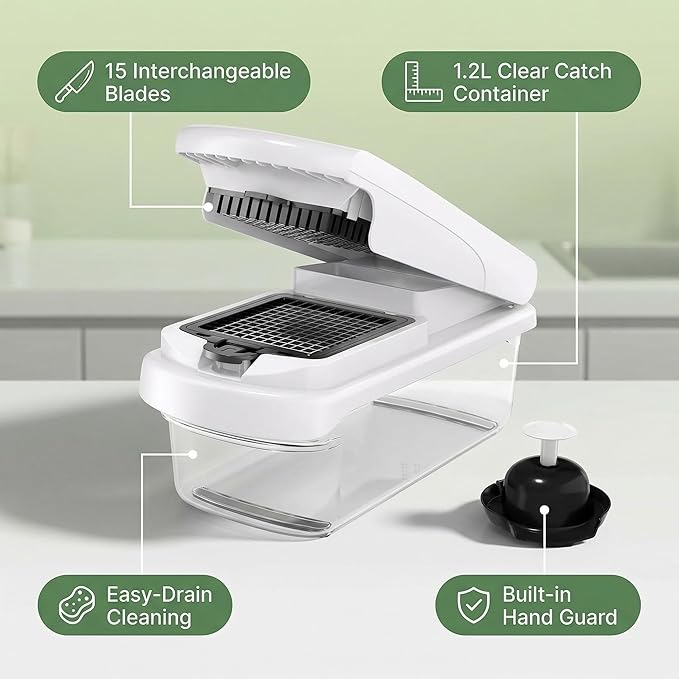 Vegetable Chopper with Container – 15 in 1 Onion Chopper Dicer & Vegetable Dicer – Manual Veggie Slicer, Mandoline Slicer, Potato Cutter & Food Chopper for Kitchen