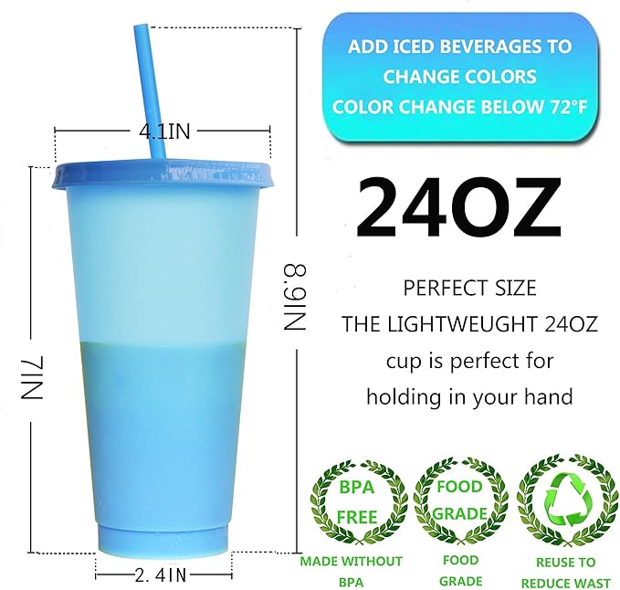 Color Changing Cups, 5 Pack 24oz Plastic Tumblers, Reusable Iced Coffee & Smoothie Cups with Lids and Straws for Parties and Travel