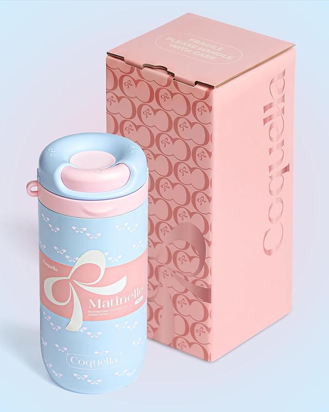 15 oz Stainless Steel Coffee Tumbler with Twist-Open Lid, Insulated Travel Mug for Iced Coffee Cold Brew and Warm Beverages, Leakproof, BPA-Free, Cup Holder Friendly, Bow Charm, Coquette Blue