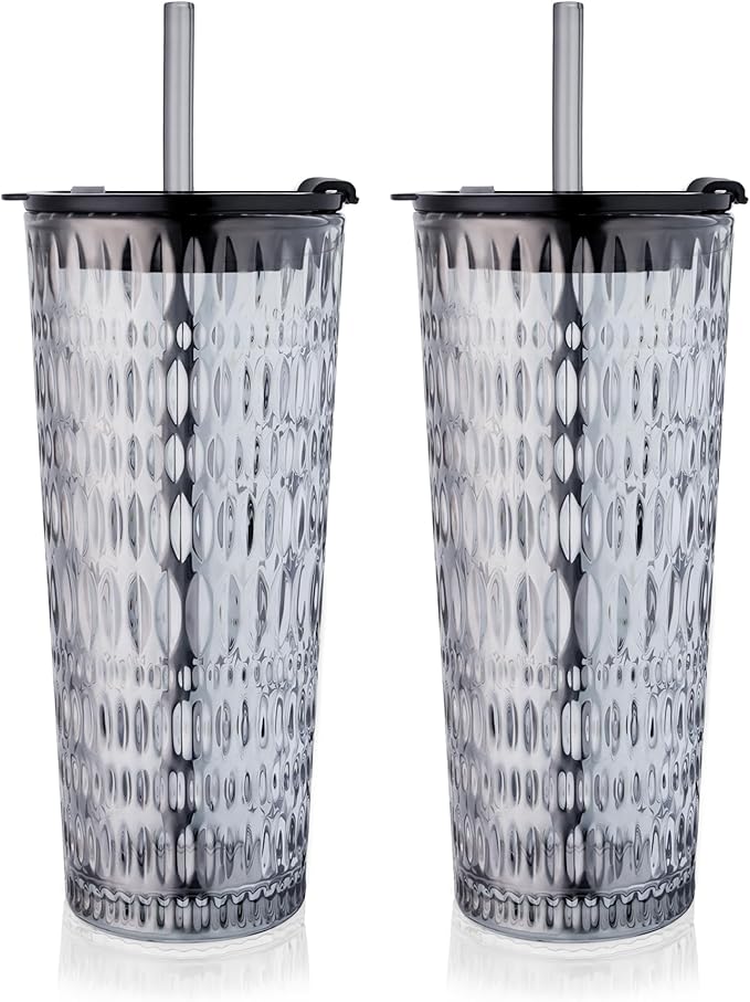 Puraville 2 Pack 18oz Glass Cups with Lids and Straws, Vintage Diamond Pattern Thickened Glassware for Whiskey Cocktail Beer, Mason Jar Drinking Glasses Tumbler Iced Coffee Cup, Black