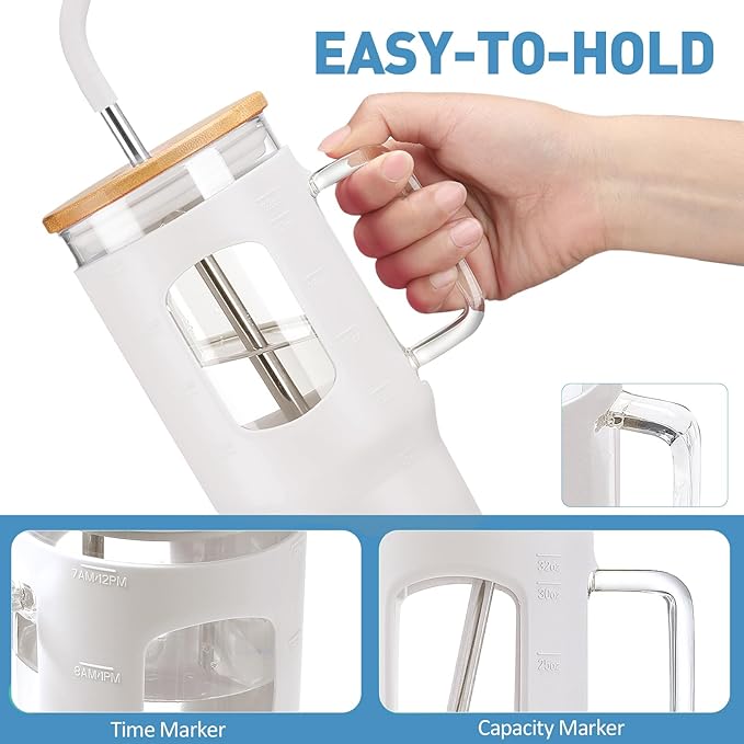 WINSA Glass Tumbler with Straw and Lid, 32 oz Glass Cup with Handle, Glass Water Bottles with Time Marker, Silicone Protective Sleeve - White