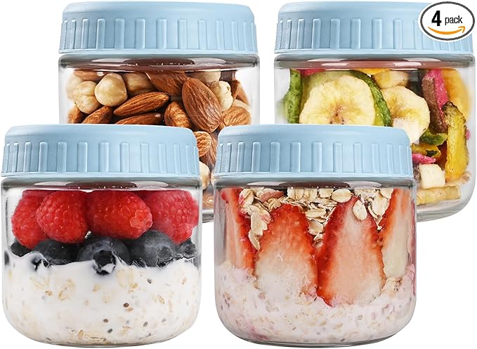 SHOWIN Overnight Oats Containers with Lids, 10oz Glass Jars with Lids 4 pcs, Light Blue, Wide Mouth Mason jars for Salad, Yogurt, Snacks, Meal Prep