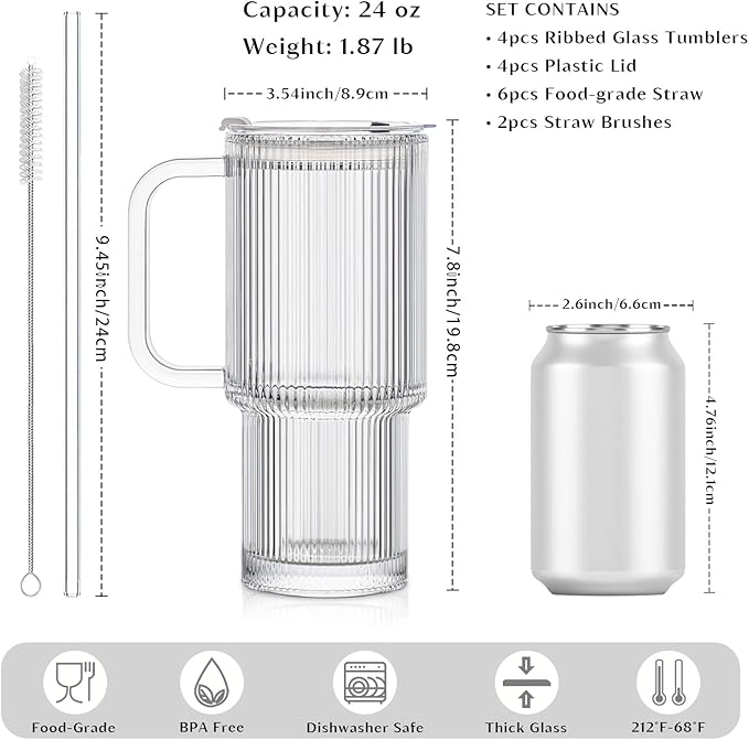 INSETLAN 24oz Ribbed Glass Tumbler with Handle & Lid – 4-Pack Large Iced Coffee Cups with Straws, Modern Glass Mug for Cold & Hot Beverages, Aesthetic Travel Cup for Smoothies, Tea, and Juice