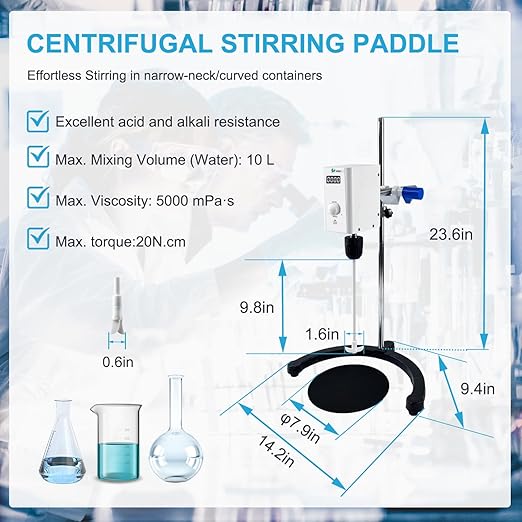 Digital Lab Overhead Stirrer,Speed 100-2000rpm,Max.Torque 20N·cm,Max.Viscosity 10000mpas,10L(H₂O), Lab Mixer with Overload Protection, Overhead Mixer with Support Stand&PTFE Stirring Rod,110-220V