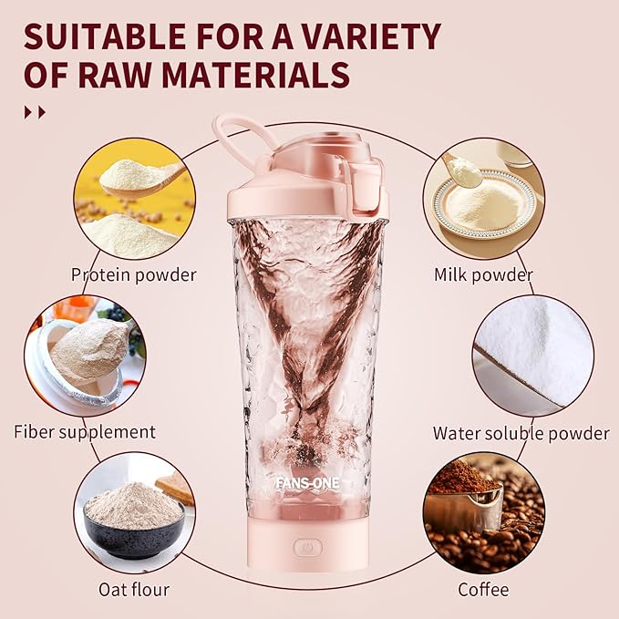 FANS-ONE Electric Protein Shaker Bottle, 24oz Lockable Electric Blender Cup, Tritan USB Rechargeable Protein Shake Mixer, Blender Shaker Cups for Protein Shakes, Pink