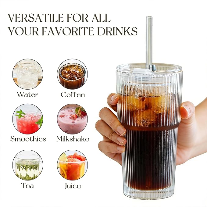 KEMORELA 2-Pack 20 oz Ribbed Glass Tumblers with Lids and Glass Straws – Vintage Iced Coffee Cups, Reusable Smoothie & Cocktail Drinking Glasses, Clear Glassware for Home or Cafe