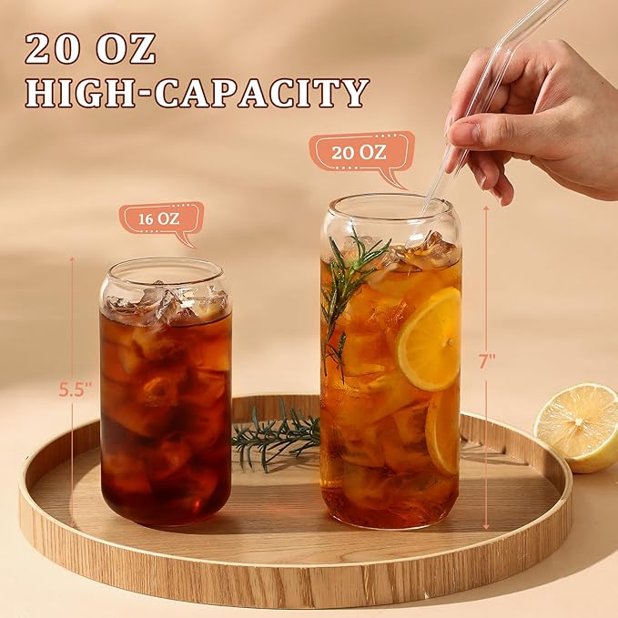 VITEVER 20 OZ Glass Cups with Bamboo Lids and Glass Straw - Beer Shaped Drinking Glasses Set, Iced Coffee Glasses, Cute Tumbler Cup, Aesthetic Coffee Bar Accessories, Gift - 2 Pack