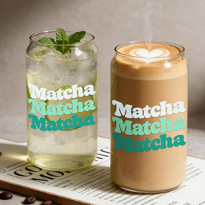 Mason Life Matcha Cup, 18 OZ Cute Glass with Lid and Straw, Matcha Drinking Cup Beer Can Glass for Valentines Day Gift Iced Coffee Smoothie Cocktail Milk Mother's Gifts