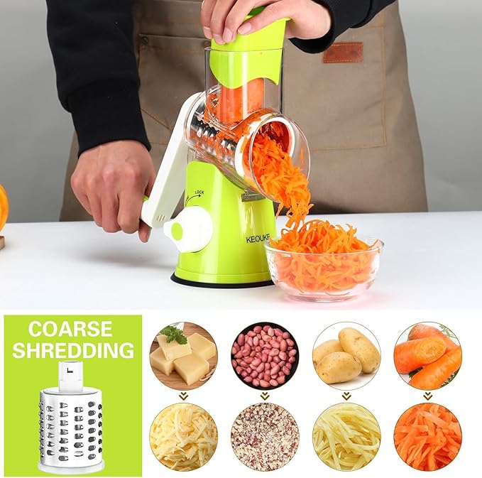Cambom Rotary Cheese Grater Hand Crank Cheese Shredder for Fresh Cheese, Vegetable, Nuts,Non-slip Suction Base, Free Cleaning Brush Three Blades, Green
