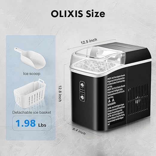 OLIXIS Nugget Ice Maker Countertop, Portable Ice Machine with 1.7L Water Tank, 26LBS/24H Fast Production, Auto-Cleaning & Quiet Operation, with Basket & Scoop, for Home Party Camping RV, Black