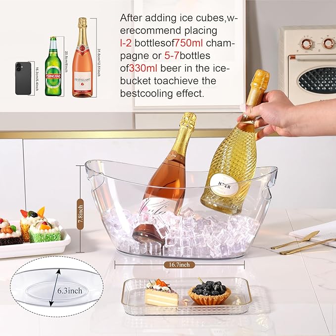 Ice Bucket 2 PCS, Ice Buckets for Parties, Clear Acrylic Beverage Tub, Mimosa Bar Supplies Drink Bucket for Wine, Champagne, Beer, 5.5L Large Ice Bucket (16.5x7.3x6.8 in)