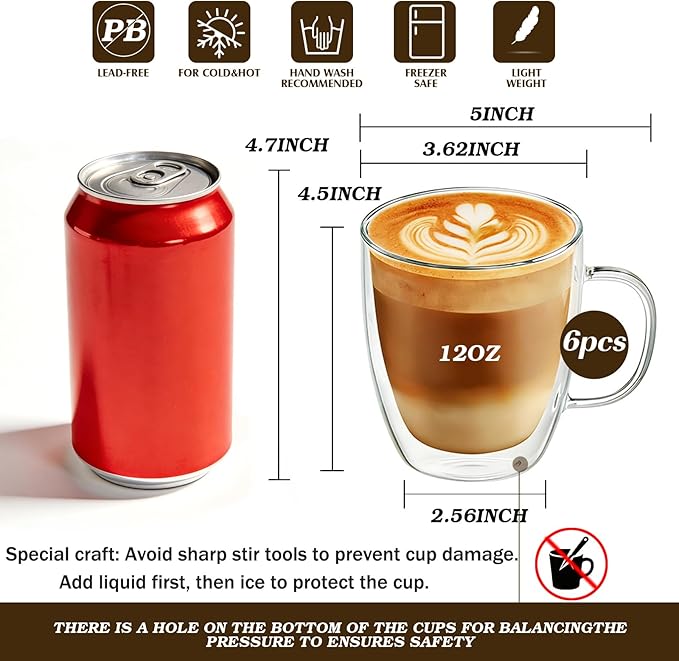 Etolies 6 Pack Double Walled Glass Coffee Mugs with Handle,12oz Borosilicate Glass coffee Cups - Insulated Clear Mugs for Espresso, Cappuccino, Latte, Tea Beverages, Drinking Glasses