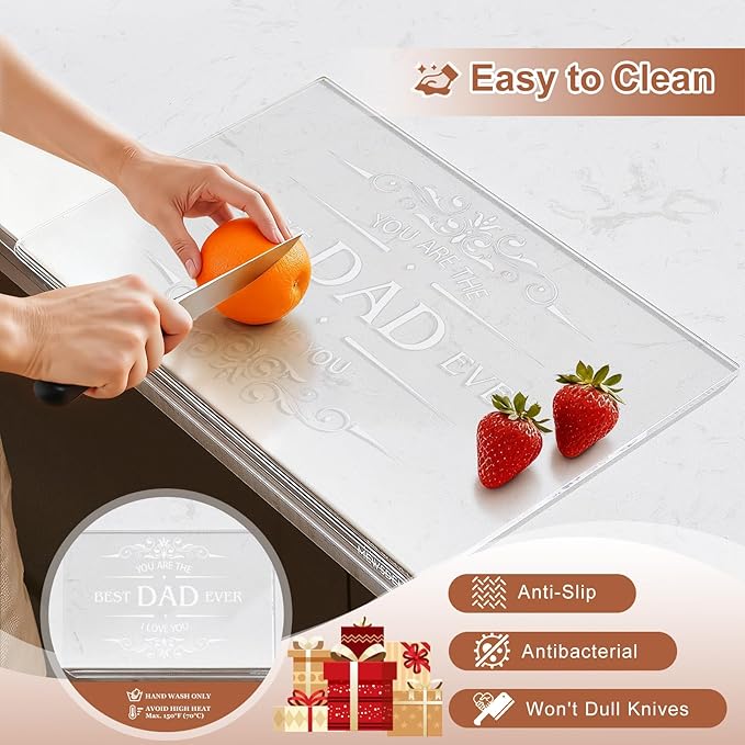 Dad Gifts from Daughter Son - Engraved Best Dad Ever Acrylic Cutting Board with Counter Lip, Cooking Gift for Father Daddy Christmas Birthday Presents Clear Countertop Protector Kitchen Decor
