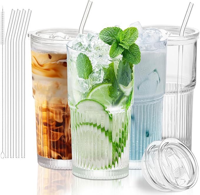 Luiaiog 18.5oz Glass Cups with Lids and Straws - Set of 4 Reusable Tumblers, Thickened Shatter-Resistant Glass, Ideal for Iced Coffee, Smoothies, Cocktails, Juices - Elegant & Durable Drinkware