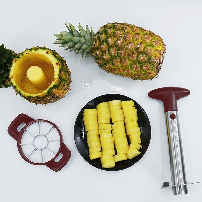Newness Pineapple Corer and Slicer Tool, Robust Pineapple Core Remover with Upgraded Cutter & Reinforced Thicker Blade, Stainless Steel Kitchen Fruit Gadget for Diced Pineapple Rings (Red)