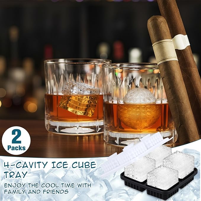 Hoolerry 2 Pcs 3D Golf Gifts Ball Ice Maker Mold 2.2" Large Square Sphere Silicone Ice Cube Tray 4 Hole Fun Shapes Big Ices Cube Mold with Funnel for Whiskey Cocktails Bourbon Chilling
