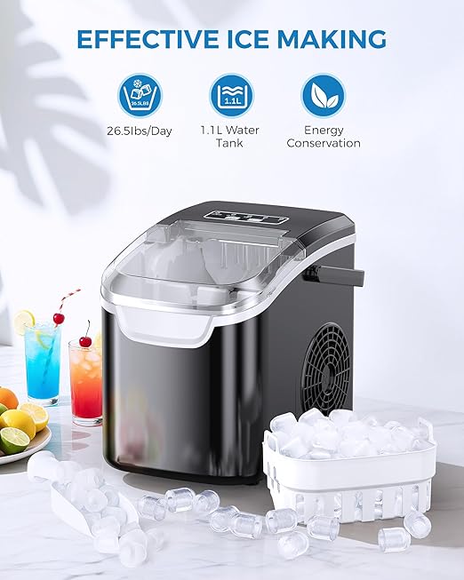 COWSAR Ice Maker Countertop, Portable Ice Machine with Self-Cleaning, 26.5 lbs/24Hrs, 8 Ice Cubes in 6 Mins, Ice Basket and Scoop, Ideal for Home, Kitchen, Bar, Camping