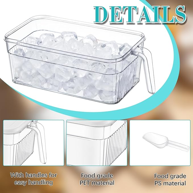 Havawish Ice Storage Bin and Flexible Scoop Set Plastic Freezer Bin with Pull out Handle Storage Bucket Clear for Container with Scoop(White,12.6 x 6.3 x 4.33 in,Stripe)