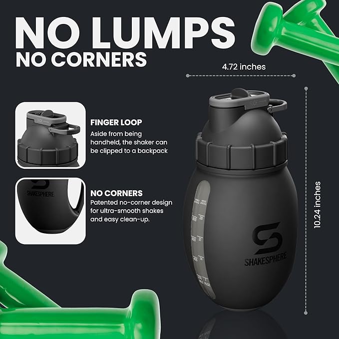 SHAKESPHERE Protein Shaker Bottle Jug 1.3L – Double Walled, Leak Proof Gym & Mixer Bottle, BPA-Free, Durable Design with Easy-Grip Handle, Silicone Base, and Clear Viewing Window – Matte Black