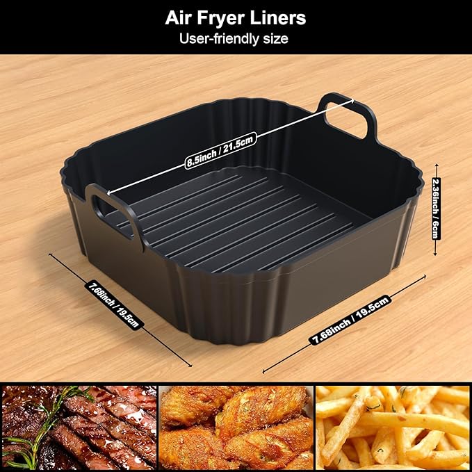8.5 Inch Square Silicone Air Fryer Liners 2 Pack, Reusable Air Fryer Basket Liners for Ninja AF141 AF142 AF181, COSORI, Cuisinart, Chefman, Instant Air Fryer 5–6.5 QT