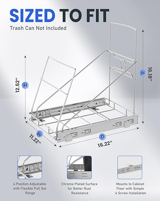 Pull Out Trash Can Under Cabinet Adjustable Trash Can Holder for 7 to 11 Gallon Bin Bottom Mount Slide Out Trash Rack for Narrow Cabinets(Silver, No Bin Included)