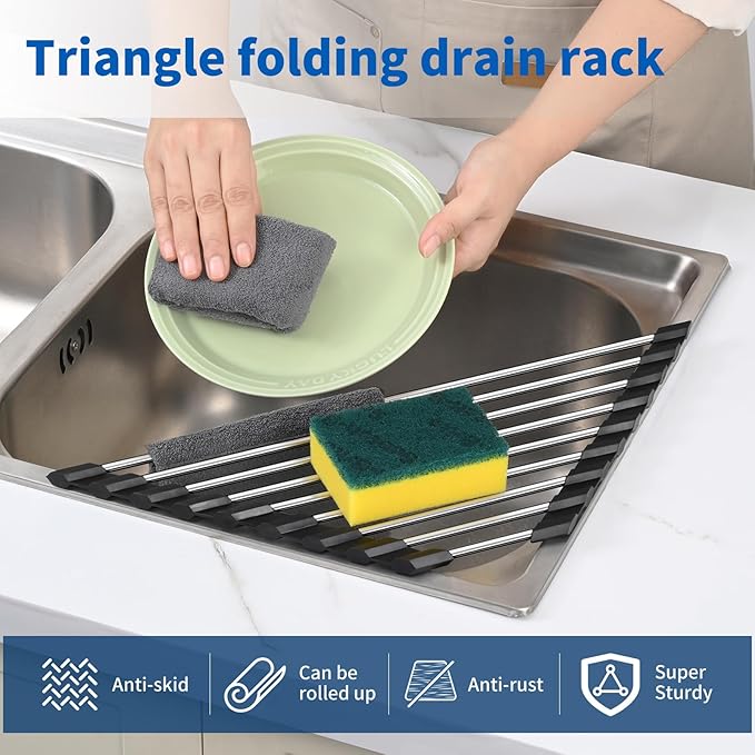 Corner Sink Caddy Triangle Dish Drying Rack for Sink Corner, Dish Drying Rack in Sink, Sponge Holder Roll Up Dish Drying Rack Over The Sink,Drainer Mat Sponge Caddy for Counter Storage