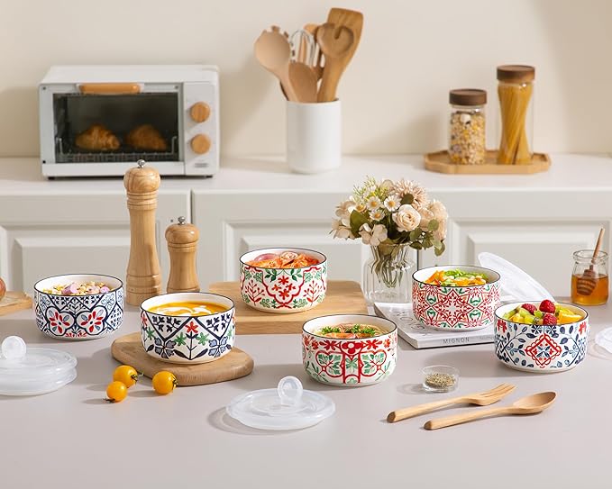 Ceramic Bowls Set with Lids: Set of 4 Microwave Safe Bowls for Soup Meal Prep Cereal Salad Fruit - Food Storage Containers with Lids for Work Lunch Pinic Camping - Pattern A3