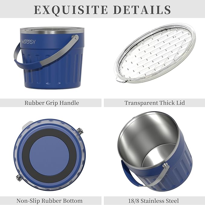 WATERSY Insulated Ice Bucket（8 Quart / 7.6 L） with Lid, Scoop, Ice Tong，Wall Vacuum Stainless Steel, Blue