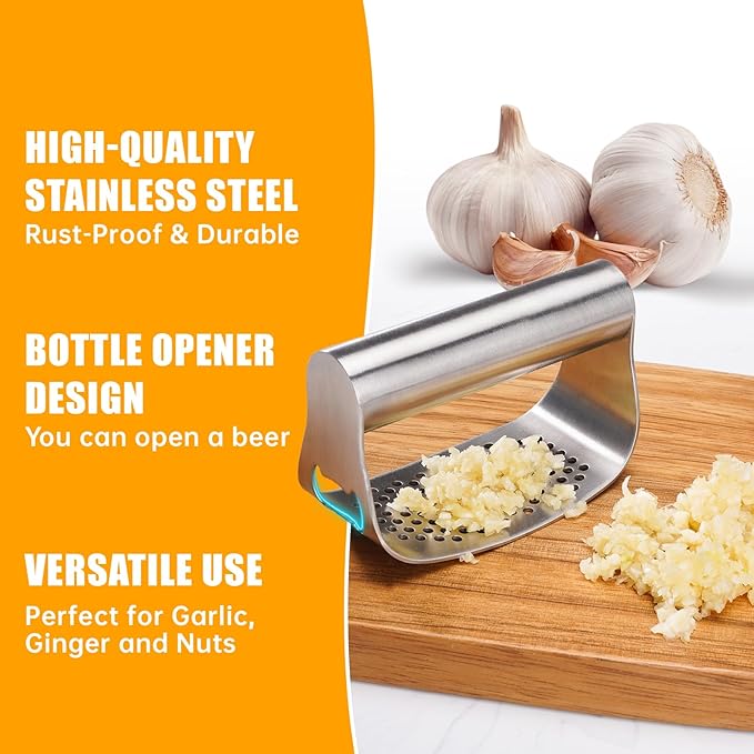 Garlic Press Rocker,Manual Crusher & Mincer with Ergonomic Handle for Easy Cleaning,Rust Proof Kitchen Tool for Ginger (Silverblack)