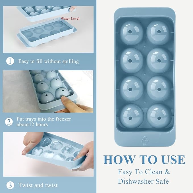Round Ice Cube Mold,8 PCS x 1.8 in Whiskey Ice Cubes,Circle Ice Cube Tray with Lid,Large Ice Ball Maker Mold Sphere Ice Cube,Large Ice Cube Molds for Cocktails,Coffee(Round Ice Cube Mold,Blue)