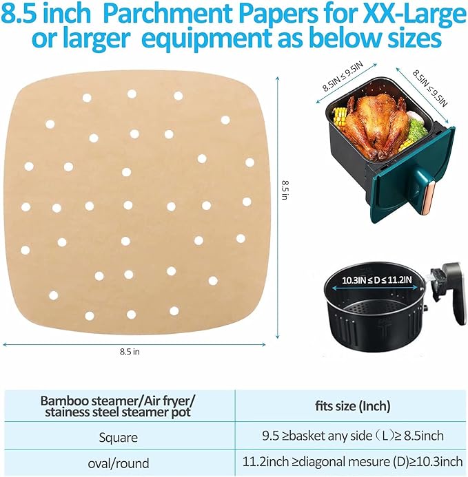 Air Fryer Parchment Paper Liners: 200PCS 8.5 inch Square Perforated parchment paper for Air Fryer, Premium Bamboo Steamer Liner for Air Fryers Baking Cooking Oven