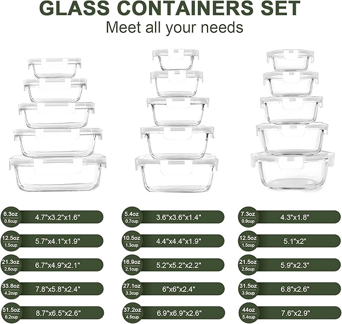 KOMUEE 30 Pieces Glass Food Storage Containers Set, Glass Meal Prep Containers Set with Snap Locking Lids, Airtight Glass lunch Containers, Microwave, Oven, Freezer & Dishwasher,White