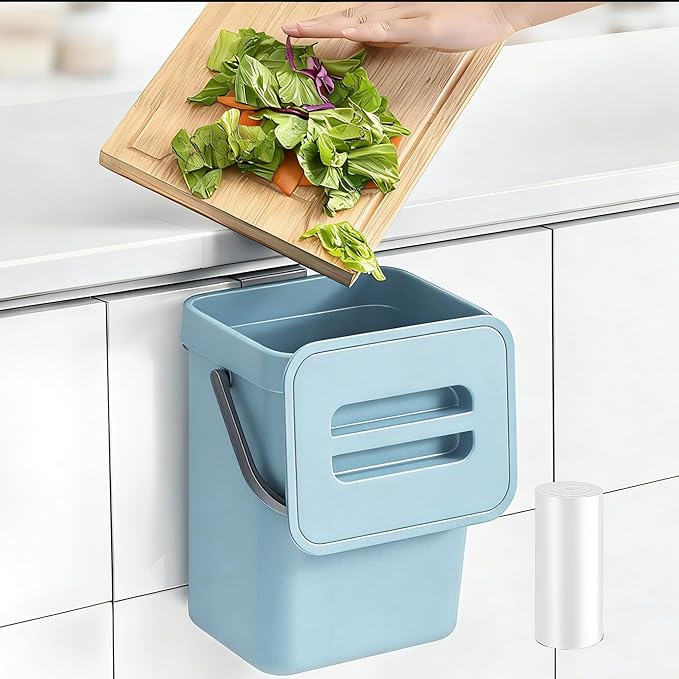 1.3 Gallon Small Trash Can with Lid - Countertop Food Waste Bin, Kitchen Hanging Trash Can for Cabinet Door/Under Sink, Small Garbage Can for Desk, 5L(Subtle Blue)