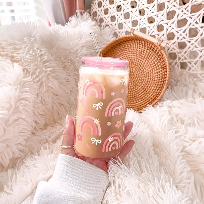 SANDJEST Rainbow 16oz Can Glass Tumbler with Acrylic Lid & Straw, Iced Coffee Cup for Women Girls, Aesthetic Cups Gifts for Birthday Christmas