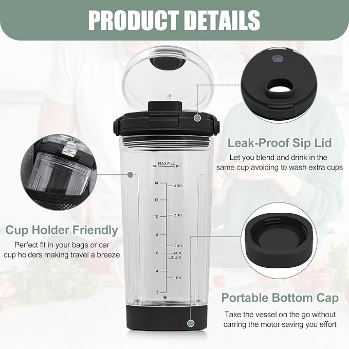 18 oz Vessel Replacement Compatible with Ninja Blast Portable Blender, Replacement 18oz Cup with Sip Lid & Bottom Cap for Ninja Portable Blenders BC151BK BC151NV BC151WH BC151CR BC151EM,PC,Black