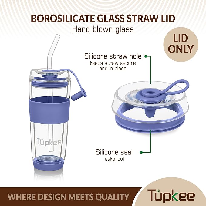 Tupkee Double Wall Glass Tumbler Straw Lid - For Hand Blown Glass Travel Mug, 14-Ounce & 8-Ounce, Jacaranda