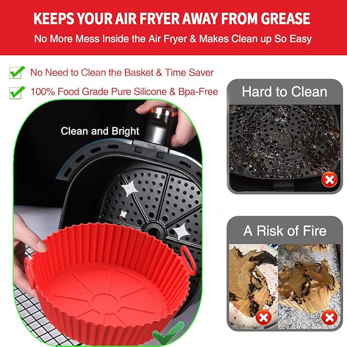 2 Pack Air Fryer Silicone Liners Pot for 3 to 5 QT, BPA-Free, Food Grade Airfryer Basket Bowl, Replacement of Flammable Parchment Paper, Reusable Baking Tray Oven Accessories(Top 8in, Bottom 6.75in)…