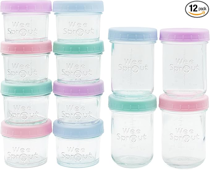 WeeSprout Baby Food Storage Glass Jars w/Lids (4/8 oz, 12 Pack) Pastel Variety, Snack, Reusable Small Containers, Fridge or Freezer, Microwave & Dishwasher Safe, Essentials for Infants