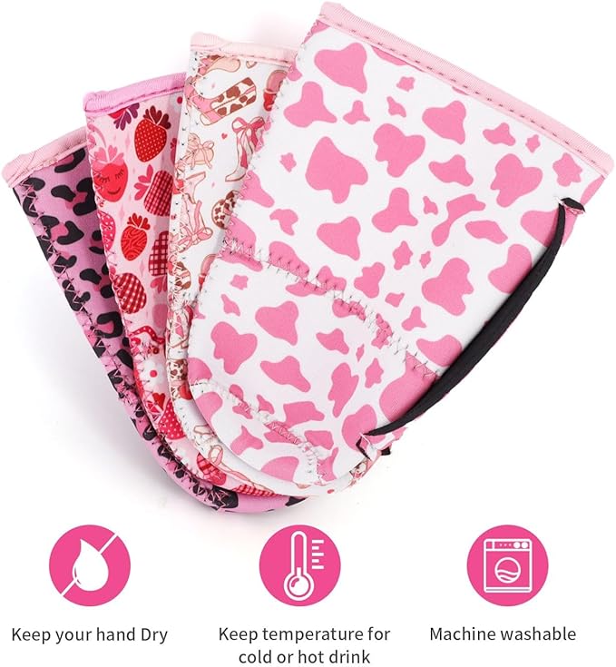 4Pack Reusable Iced Coffee Sleeve Insulator Sleeves for Cold Drinks Beverages, Neoprene Cup Holder for Most Coffee, Fits 30-32oz Large Cups (Pink Coquette)