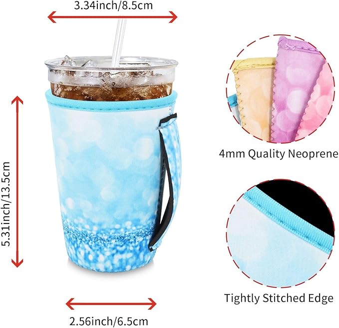 4Pack Reusable Iced Coffee Sleeve Insulator Sleeves for Cold Drinks Beverages, Neoprene Cup Holder for Most Coffee, Fits 22-24oz Medium Cups (Glitter Pattern)